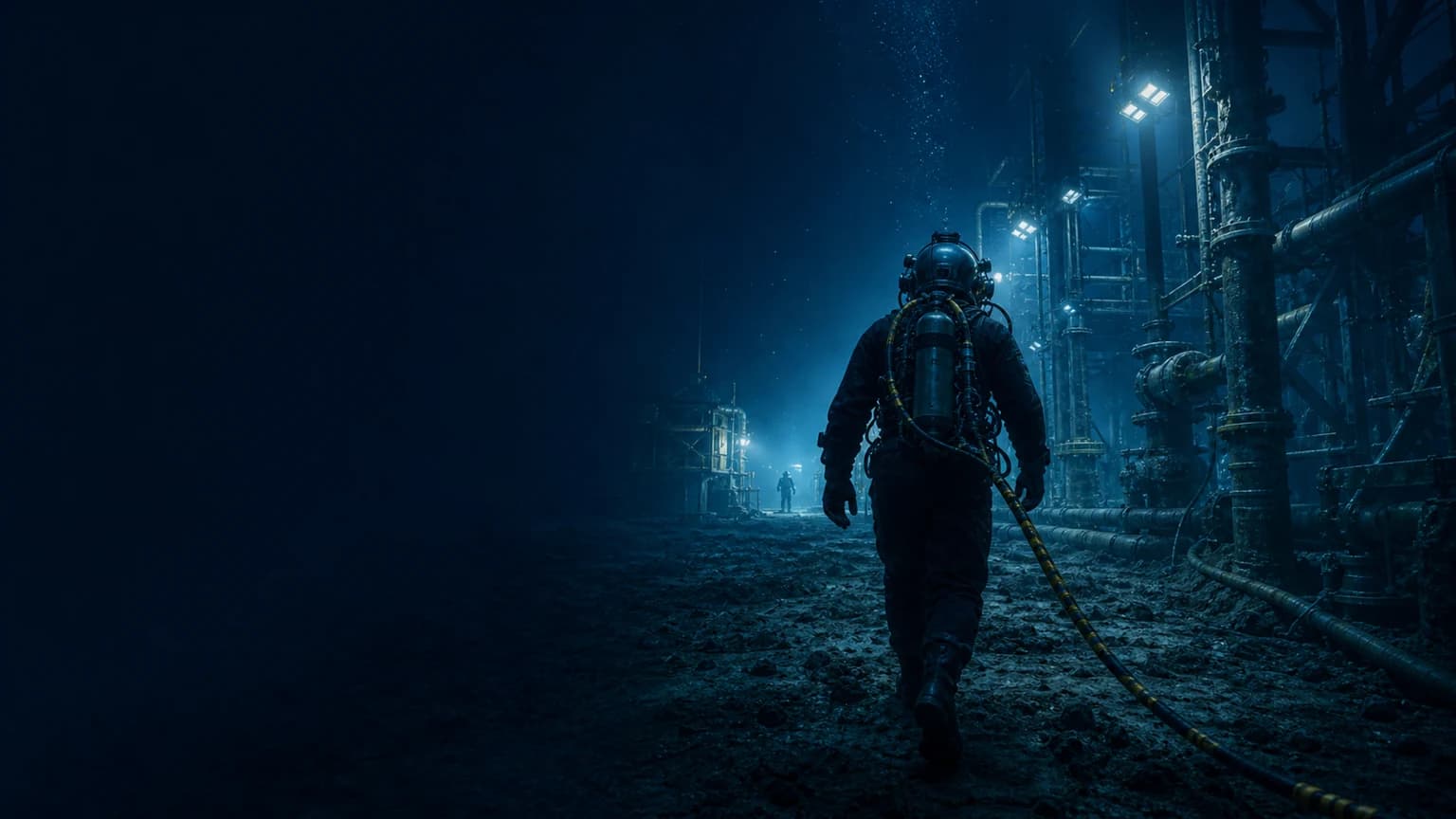 Mergulhador comercial segue em direção a uma instalação industrial subaquática iluminada